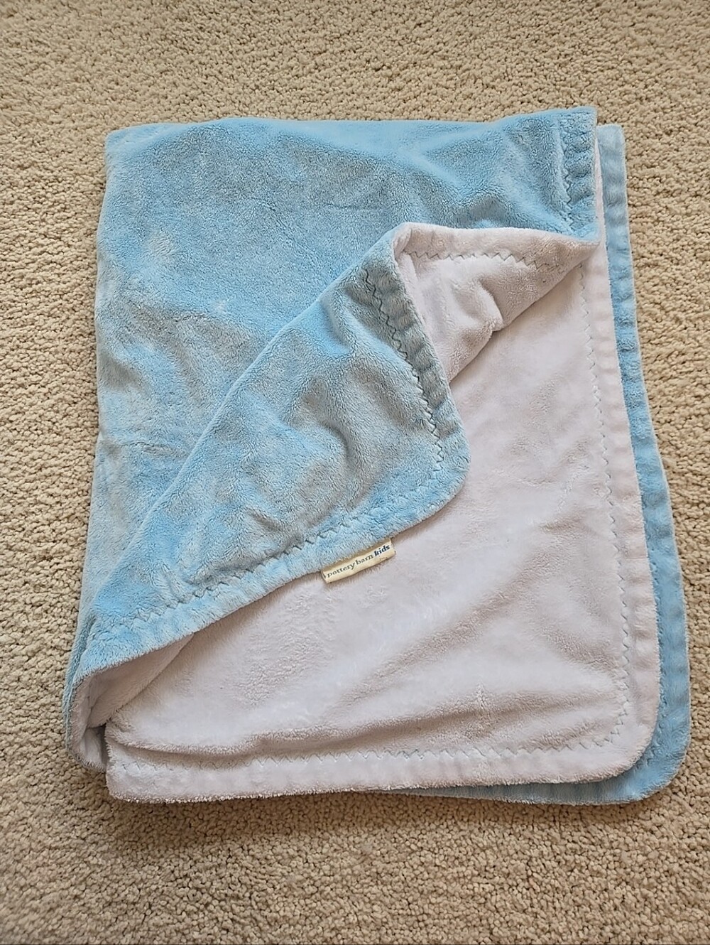 Pottery Barn Kids Chamois Baby Blanket 29" x 37"  Blue & White EUC